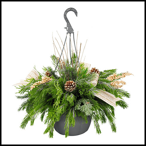 Winter Hanging Basket White Bow 10"