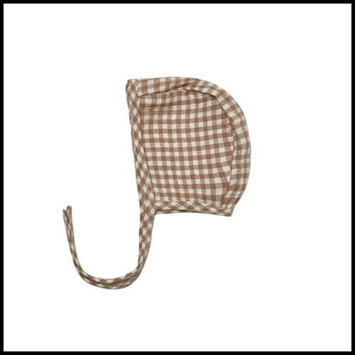 Quincy Mae Woven Baby Bonnet - Gingham Cocoa - 6-12mths