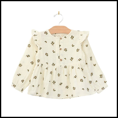 Girls Muslin Ruffle Shoulder Olive tree Top 8years