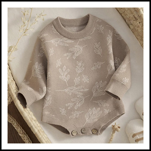 Baby Knit Print Romper - Beige Leaf - 18-24mths