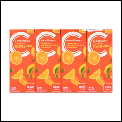 Compliments Unsweetened Orange Juice Boxes 8 x 200ml