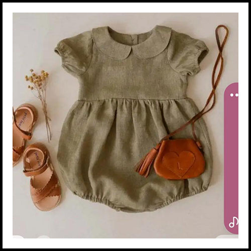 Baby Linen Romper w/collar - Green - 3-6mths