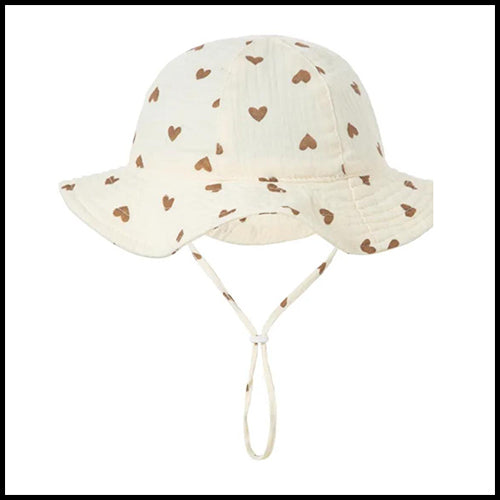 Muslin Sunhat w/hearts - Cream - 3-12mths