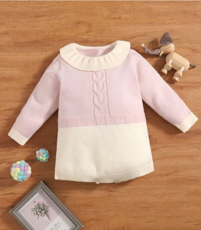 Baby Romper Knit - Pink & Cream - 6-9mths