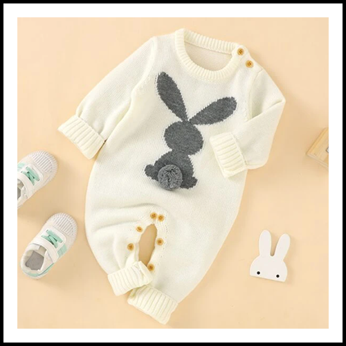 Baby Knit Onepiece Cream w Gray Bunny 9 - 12 Months