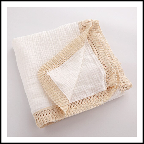 Tassel Closed Muslin Baby Blanket - White & Cream