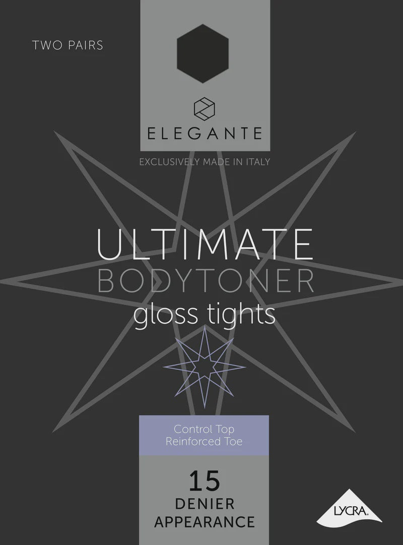 Elegante Ultimate Bodytoner Gloss 15D Black Nylons Size Medium - 2 pair