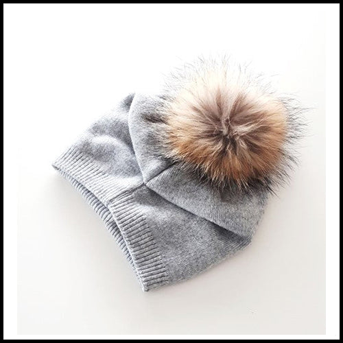 Knit Wool Fox Fur Pom Pom Hat - Light Grey/Natural