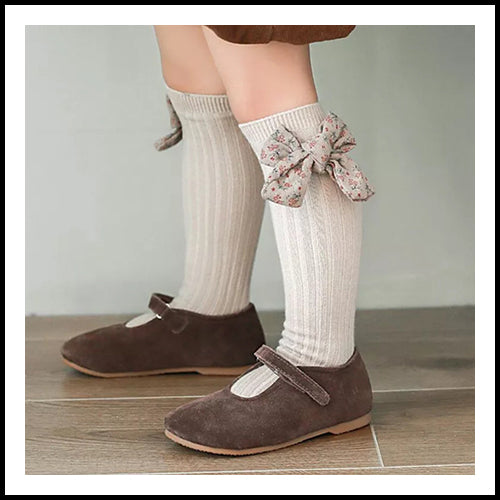 Childrens Baige Floral Printed Bow Knee Socks - 0-4Y