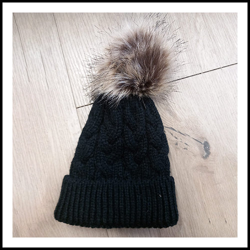 Ribbed Pom Pom Beanie - Black - 0-3Y