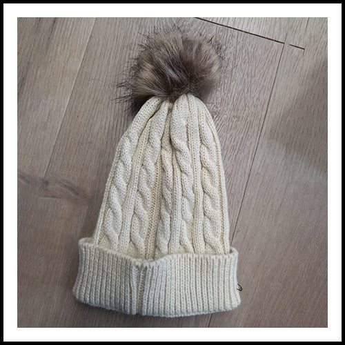 Ribbed Pom Pom Beanie - Beige - 0-3Y