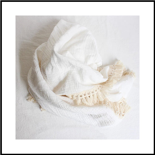 Tassel Muslin Baby Blanket - White & Cream